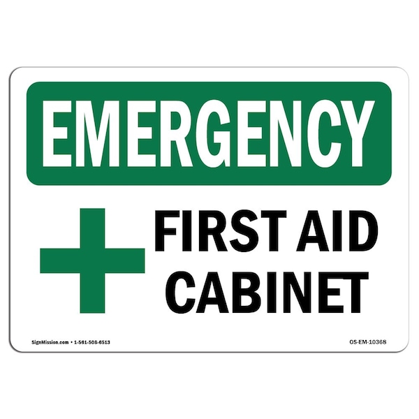 Safety Sign, OSHA EMERGENCY, 7" Height, Aluminum, First Aid Cabinet, Landscape